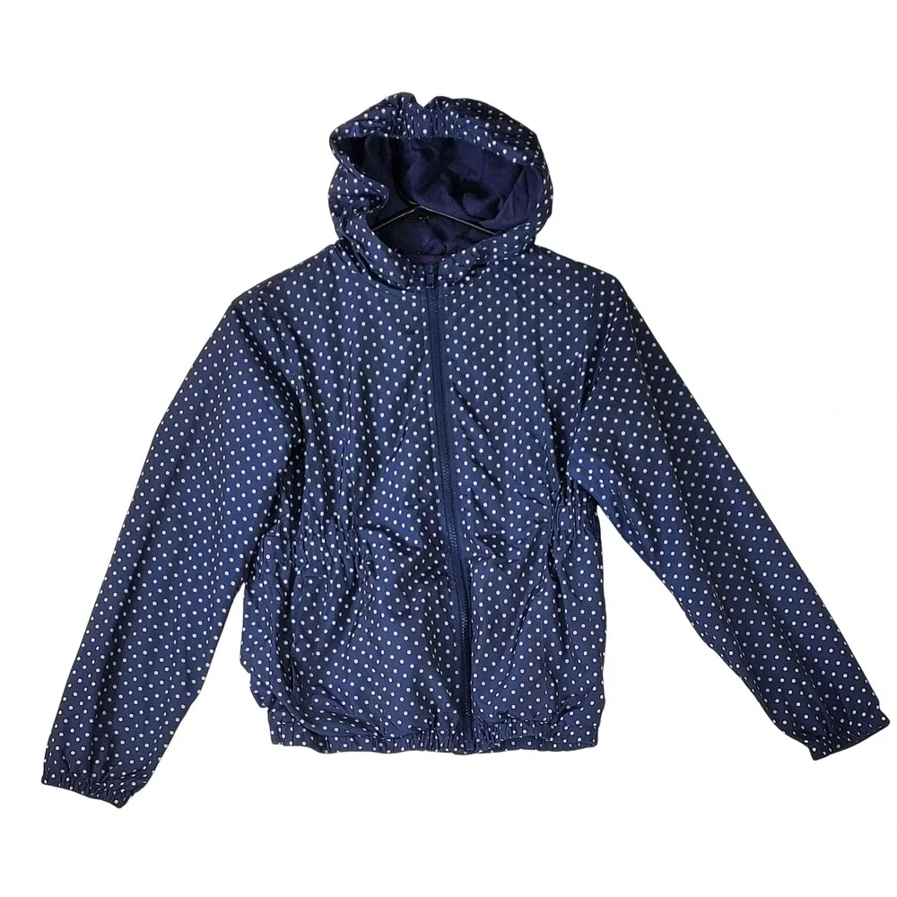 GapKids Girls Navy Blue Polka Dot Hooded Windbreaker Jacket XL 12